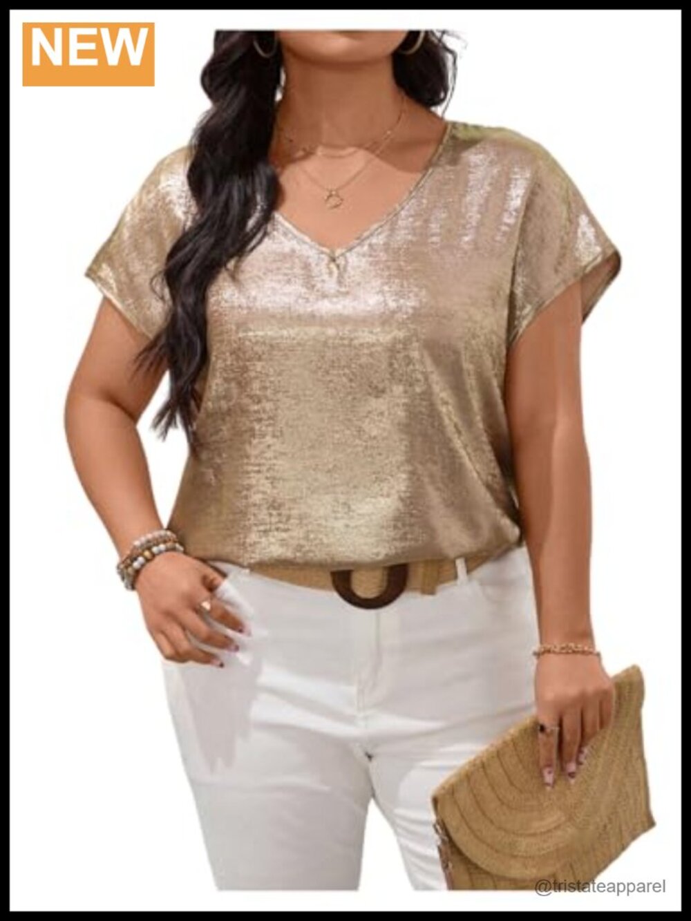 Women's Plus Size Metallic Shiny V Neck Short Sleeve Blouse